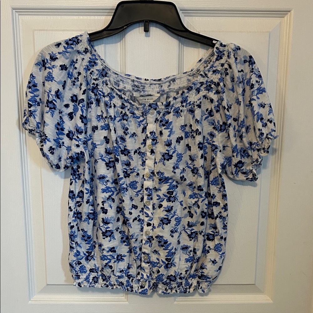 LUCKY BRAND Blue Floral Off the Shoulder Peasant Blouse Women's XS